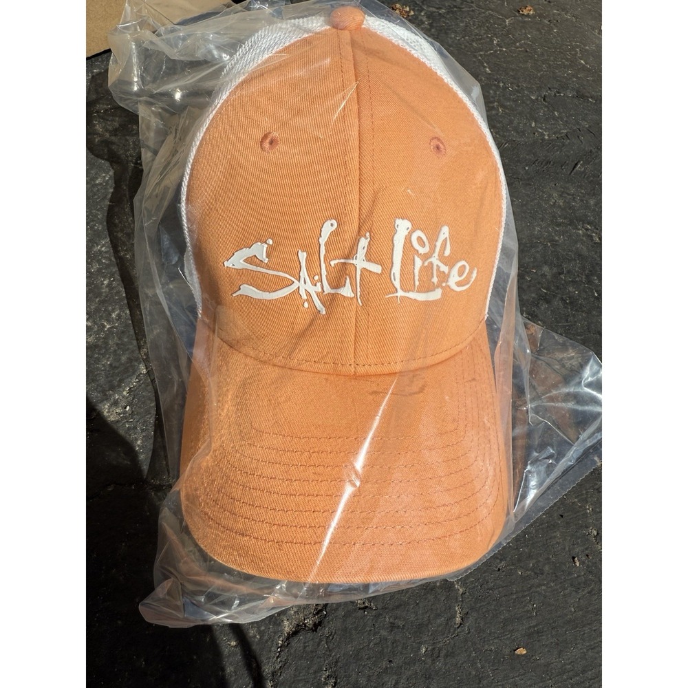 Salt Life Hat Fitted Mens One Size Orange/Grapefruit White Mesh Flexfit Fishing - Picture 3 of 5